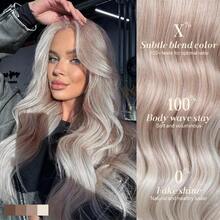Ml Ash Blonde Wear And Go Glueless Wig With Bangs Synthetic Lace Front Wigs For Women Body Wave Pre Plucked Pre Cut HD Lace Glueless Ombre Wig Middle Part 26Inch10101 - 灰金色 - 查看 4