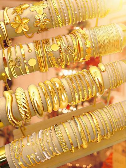 25/20/15/5/3件套复古多件套可叠戴手镯，款式包括花朵、几何、结饰、水滴、波浪、扭曲、心形镂空、水晶水钻、仿珍珠、无限符号、扭纹、串珠、蛇形链、飞机链、锁链、盒形链、扭纹链、蝴蝶结链、爱心文字、压纹纹理、简约金属、超大款、厚手镯套装，时尚、优雅、复古、可爱，适合节日、派对、约会、送礼、日常佩戴