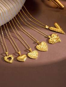 1pc 18K Gold Plated Stainless Steel Hollow Heart Engraved Flower Heart Pendant Necklace, Suitable For Men And Women, Perfect Gift For Birthday, Valentine's Day, Party, Suitable For Daily Wear And Festivals, All Seasons - Gold - View 1