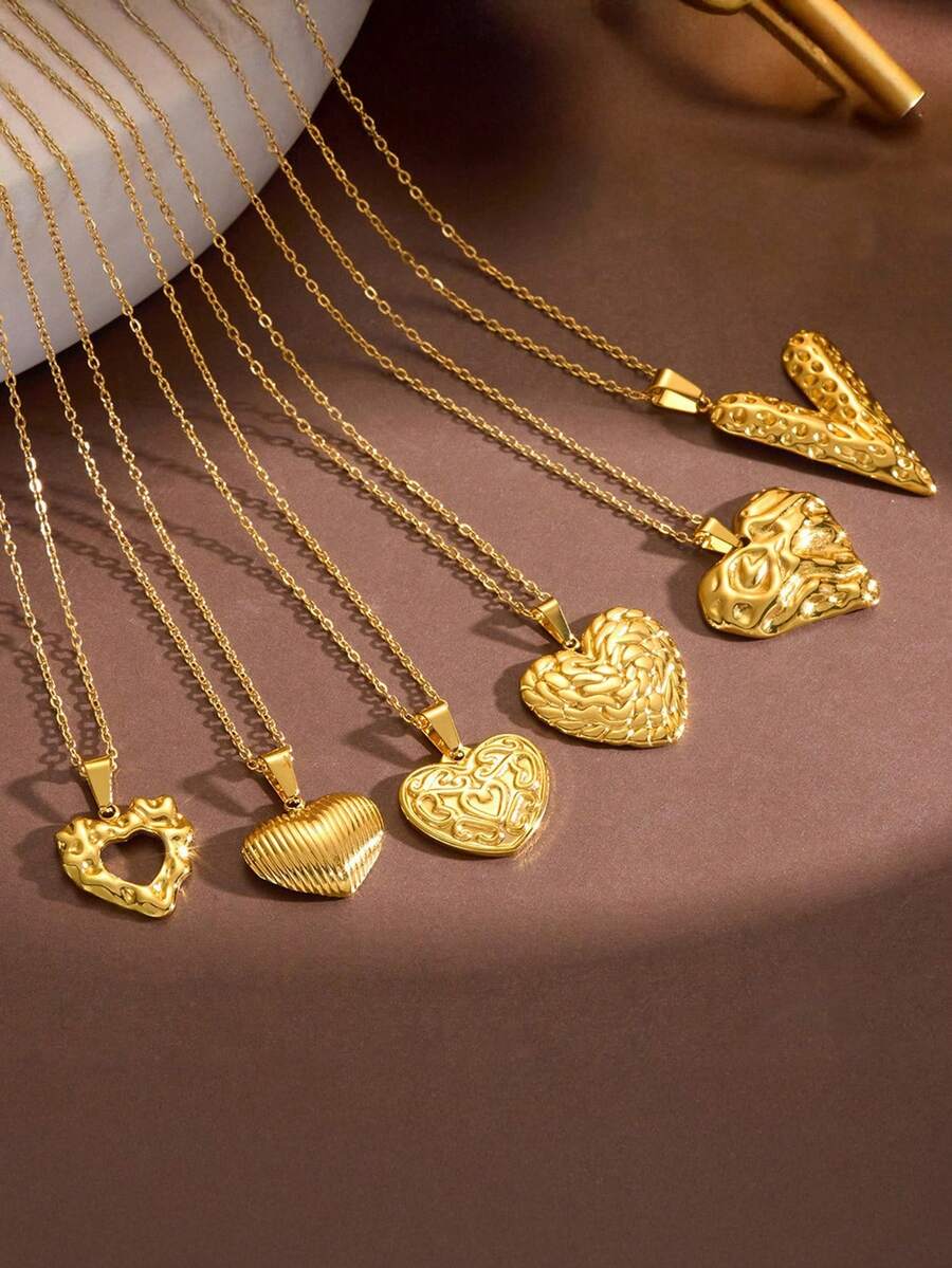 1pc 18K Gold Plated Stainless Steel Hollow Heart Engraved Flower Heart Pendant Necklace, Suitable For Men And Women, Perfect Gift For Birthday, Valentine's Day, Party, Suitable For Daily Wear And Festivals, All Seasons - Gold - View 1
