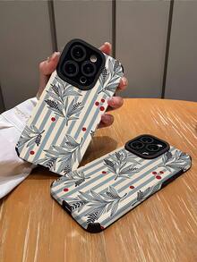 1pc Fashionable Minimalist Blue & White Striped, Red Dot, Leaf Pattern Vertical Textured Protective Phone Case, Suitable As Birthday, Holiday Gift For Friends, Family, Couples, Compatible With Apple And Models - Multicolor - View 2