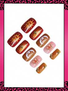 24片装中号方形斋月主题美甲贴片，橙红色太阳、月亮、3D花朵、星星、钢珠装饰，复古风格，亮面全覆盖，适合女性和女孩日常佩戴。 - 彩色 - 查看 3