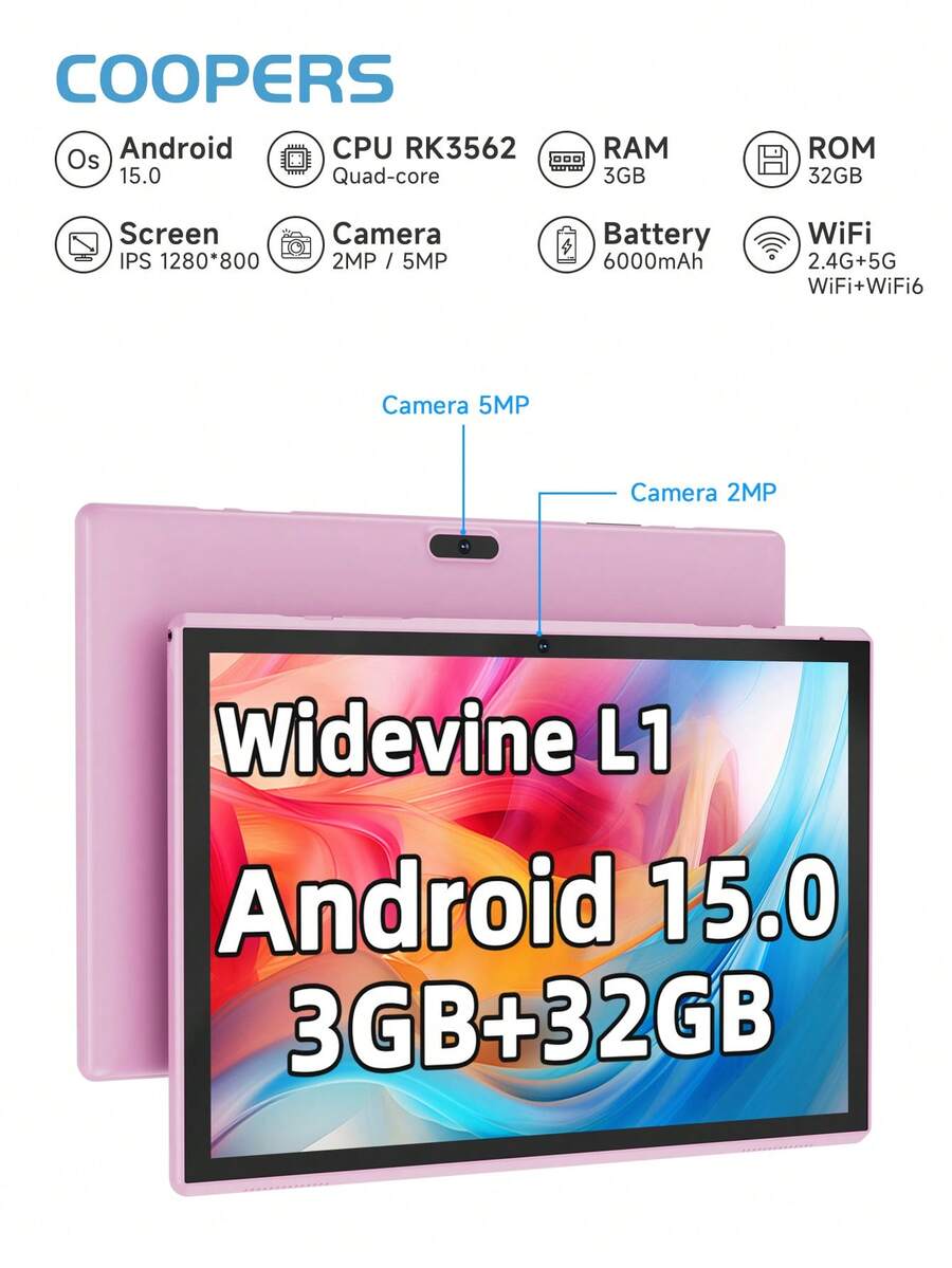 Coopers Android 15 Tablet, 10.1 Inch WIFI Tablet PC, 3GB RAM, 32GB ROM, Support 1TB Expandable, Quad-Core, 2.4G+5G WiFi, Dual Band WiFi6, HD IPS Screen, 2MP + 5MP Dual Camera, 1280 * 800 IPS HD Touch Screen, 6000mAh Battery, Support Widevine L1(No Adapter) - Pink - View 1