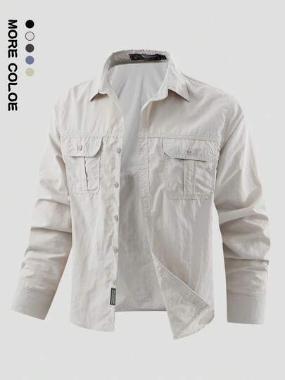 1 pieza Camisa de senderismo de unicolor para hombres, camisa casual con botones para actividades al aire libre, se puede usar como chaqueta, material suave