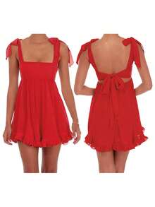 Women Y2k Cute Babydoll Mini Dress Corset Lace Patchwork Sleeveless Ruffled A-Line Flowy Short Dress Beach Streetwear - Đỏ - Xem 5