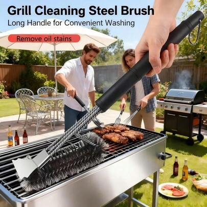 [Stainless Steel Grill Brush] 1pc TFS 3-Head Stainless Steel BBQ Grill Brush And Scraper, Triple Layer Wire Bristle Cleaning Brush For Outdoor Grilling Tools, Grill Accessories