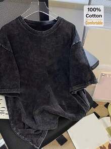 2026 LC Retro Printed Washed's Short Sleeve Shirt, Loose Fit Slim Fashion Loose Design Casual Daily WearT-Shirt, Retro-Shirt, Clothing Autumn And Winter,Male And Female Neutral Short Sleeves,Clothes Plus Size,Sweatshirt,Clothes Women,Tops,New Year's Clothing,Womens Tops,Spring,Summer Tops Women,Spring Clothes,Vacation Outfits Women,Valentines Gifts,Summer Outfits - 黑色 - 查看 1