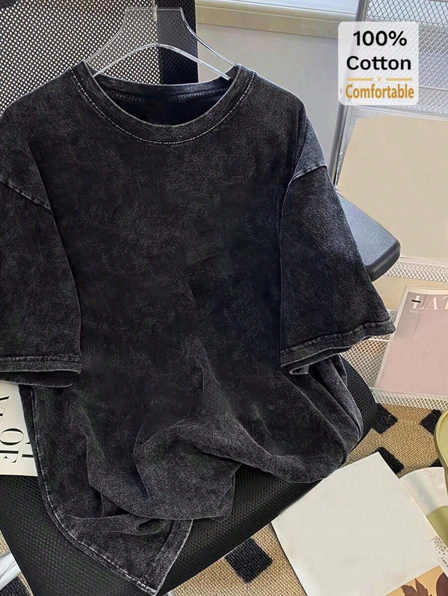 2026 LC Retro Printed Washed's Short Sleeve Shirt, Loose Fit Slim Fashion Loose Design Casual Daily WearT-Shirt, Retro-Shirt, Clothing Autumn And Winter,Male And Female Neutral Short Sleeves,Clothes Plus Size,Sweatshirt,Clothes Women,Tops,New Year's Clothing,Womens Tops,Spring,Summer Tops Women,Spring Clothes,Vacation Outfits Women,Valentines Gifts,Summer Outfits - 黑色 - 查看 1