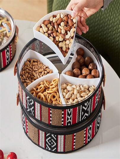 1 Dulang Penyimpanan Gaya Bohemia, Dulang Penganjur Bulat Dengan Ruang Penyimpanan Yang Luas, Tidak Boleh Dipecahkan, Dibahagikan Kepada Bahagian-bahagian, Sesuai Untuk Memaparkan Snek, Buah-buahan Atau Barangan Hiasan.