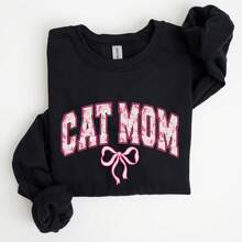 TaggedThreads Cat Mom Sweater, Coquette, Pink Bows, , Girly, Soft Girl Era Sweatshirt, Women's Crew Neck, Crewneck, Cozy Fall & Winter Styles Long Sleeve Tops - Unisex Women's & Men's Campus Daily Wear - 黑色 - 查看 1