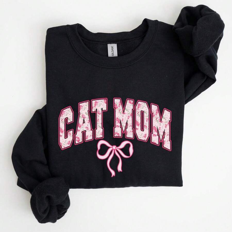 TaggedThreads Cat Mom Sweater, Coquette, Pink Bows, , Girly, Soft Girl Era Sweatshirt, Women's Crew Neck, Crewneck, Cozy Fall & Winter Styles Long Sleeve Tops - Unisex Women's & Men's Campus Daily Wear - 黑色 - 查看 1