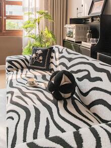 1 pezzo Copri divano in morbido peluche a motivo zebrato, coperta tutto in uno per divano, copri polvere, protettore per divano, antiscivolo, anti graffio, adatto per tutte le stagioni - Bianco - Visualizzare 3