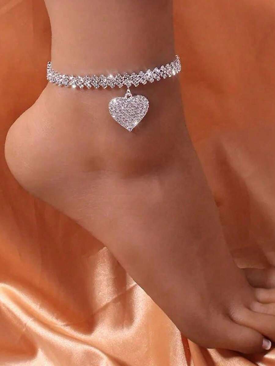 1pc Rhinestone Heart Anklet, Fashionable Personalized Party Jewelry Accessory For Women