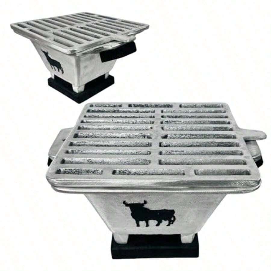 Asador Metalico para Carbon Modelo Torito Parrilla Portatil para Mesa Brasero para Carne Asada Grill para Camping BBQ Barbeque Anafre para Centro de Mesas en Jardin Patios Reuniones Con Agarraderas y Base de Madera Para Banquetes y Cazuelas Parrillero Artesanal - como en la foto - Ver 1