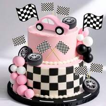 LaVenty Race Car Cake Decorations Car Cake Topper Checkered Flag Cake Topper Growing Up Two Fast Birthday Decor Fast One Fast Three Need Four Speed Birthday Decorations - Multicolor - View 1