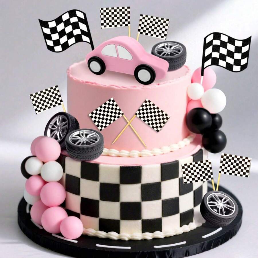 LaVenty Race Car Cake Decorations Car Cake Topper Checkered Flag Cake Topper Growing Up Two Fast Birthday Decor Fast One Fast Three Need Four Speed Birthday Decorations - Multicolor - View 1