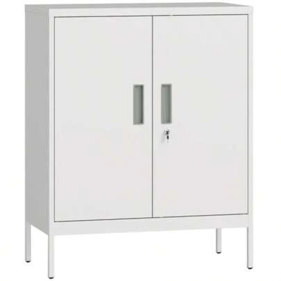 Lockable 2-Door Metal Cabinet, Office Furniture, Adjustable Shelves, For Home Office, Living Room, Garage, White