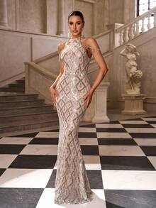 Women's Halter Neck Sequin Patchwork Bodycon Maxi Dress - Silver - View 4