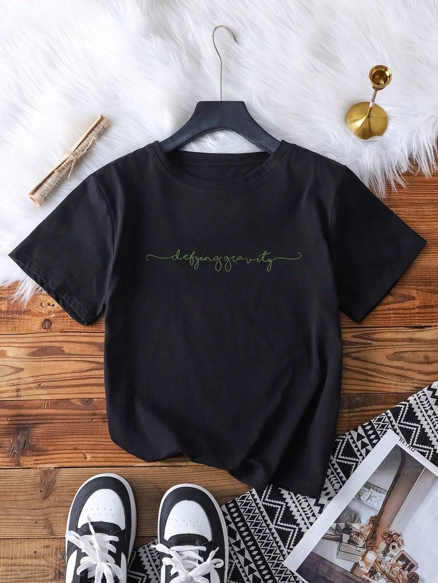 Letter Print Round Neck Short Sleeve T-Shirt, Minimalist & Fashionable For Summer - Black - View 1