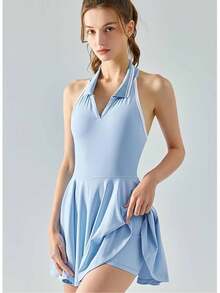 Neck Sports Dress Polo Neck Tennis Volleyball Dress Sexy Backless Anti-Slip Fitness One-Piece Dress With Chest Pad New Year, Spring Festival, Independence Day, Birthdays, Parties, Gifts, Christmas, Halloween - Màu xanh lam - Xem 3
