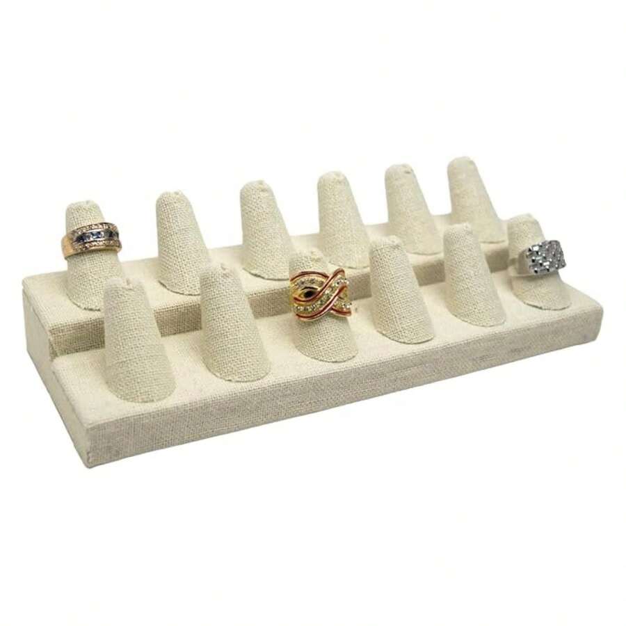 Box Beige Linen Jewelry 12 Rings Finger Display8.25x3.25x2.5 Inches With Square Base - Ring Holder Organizerfor Selling Or Personal Use - Display Stands For Rings - Multicolor 779 - View 1