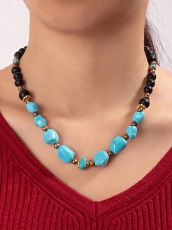 1pc Bohemian Vintage Versatile Casual Asymmetrical Color Block Beaded Necklace