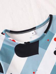 2pcs Valentine's Day New Style Boys Pajama Set, Blue & White Striped, Black & Red Heart Print, Round Neck Long Sleeve Casual Comfortable Homewear, Spring/Summer - Blue and White - View 3