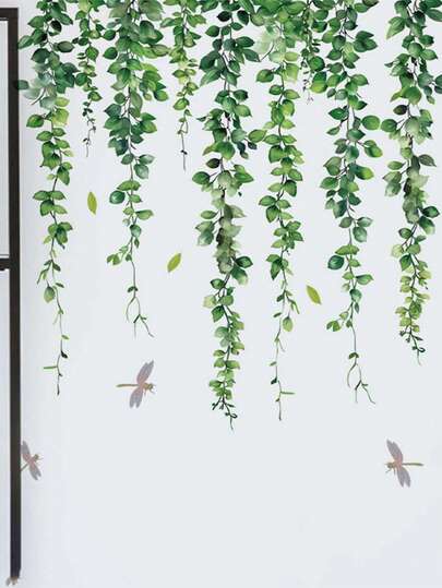 2pcs Green Plant Vine Dragonfly Wall Stickers, Decorative For Living Room, Entryway, Bedroom, Self-Adhesive Removable PVC Wall Decals