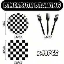 D48Pcs Race Car Checkered Birthday Party Decorations Car Themed Checkered Plates Napkins And Forks Party Plies Set For 16 Guests - Blackwhite - View 2