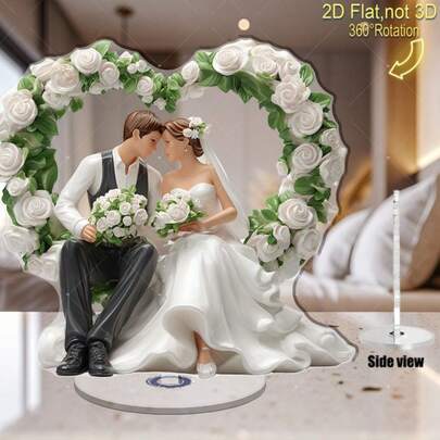 Estatua de boda de novia y novio giratorio en 2D, corona de corazón - Figura de pareja impresa en 2D plana de acrílico con base giratoria, decoración para pastel de boda al aire libre, regalo de aniversario para él y ella (recuerdo romántico coleccionable), 2D plano