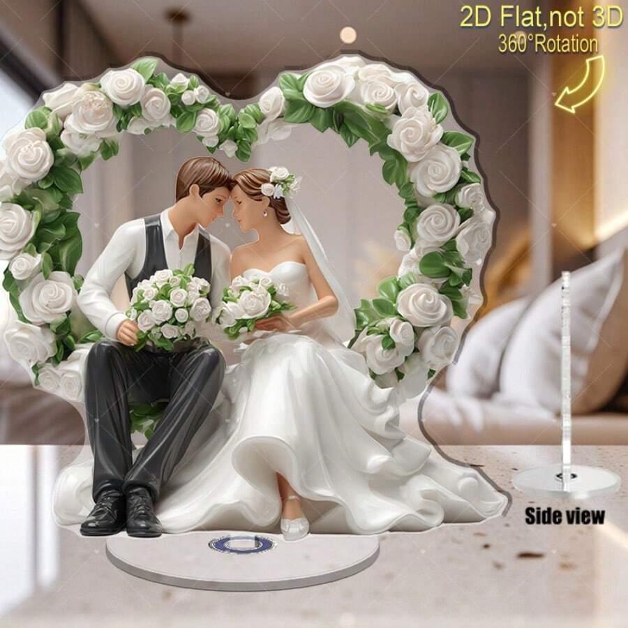 2D旋转新郎新娘婚礼雕像,心形花环 - 2D平面印刷亚克力情侣摆件,带旋转底座,户外婚礼蛋糕装饰,周年纪念礼物(浪漫收藏品),2D平面 - 彩色 - 查看 1