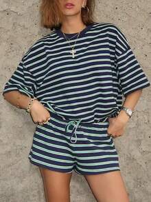 Navy Blue & Green Striped 2-Piece Set, Loose Off-Shoulder T-Shirt + Drawstring Shorts, Elegant Vacation Retro American Y2K Casual Matching Set - Multicolor - View 3