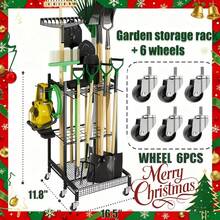 Garden Tool Organizer For Garage, Utility Storage Racks With Hooks, Metal Yard Tool Stand Holder Organizer For Long-Handled, Broom, Shovel, Rake, Sturdy Heavy Rack For Outdoor, Yard, Black, Storage Racks, Garage Organization, Outdoor Tool Rack
