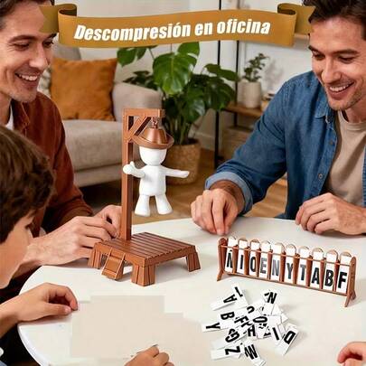 El Juego de Palabras, Letras en Español Blancas, Inglés Negro. Gira la rueda para determinar la acción, usa las fichas de letras para formar la palabra. Si se adivina incorrectamente, el personaje será "ahorcado" gradualmente. Similar al clásico juego "Ahorcado", el objetivo es adivinar la palabra correctamente o evitar que el personaje sea "ejecutado". Adecuado para interacción multiplayer, para ocio y entretenimiento, y para ejercitar el vocabulario. Horca magnética, Palabra Misteriosa
