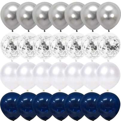 kumozawa 50个海军蓝和银色亮片气球，12英寸（30.5厘米）白色珍珠和银色镀铬金属派对气球，适用于生日、婚礼、2026年毕业典礼装饰