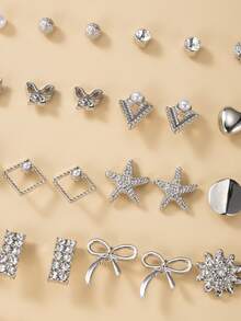20对镶满水钻的心形蝴蝶结耳钉套装 - 銀色 - 查看 5