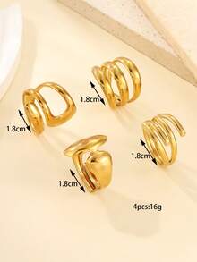 4pcs Stainless Steel Gold-Tone Multi-Layer Asymmetrical Open Ring Set, Suitable For Women's Daily Decoration Or Gift - Yellow Gold - View 3