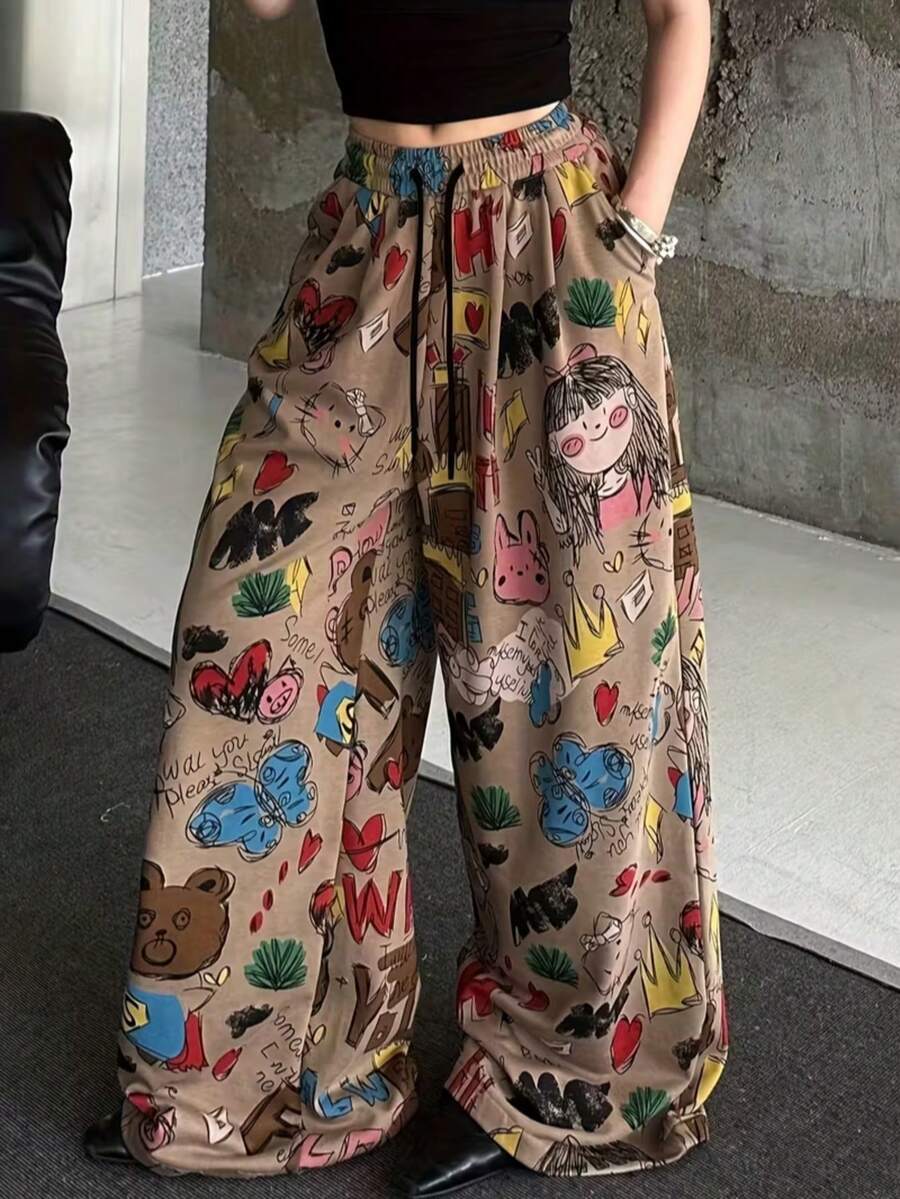 Women's Cartoon Print Wide Leg Pants, Loose Casual Trousers - Khaki - View 1