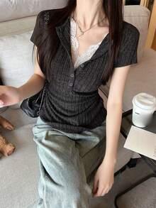 2 en 1 Camiseta interior de felpa y punto para mujer, Parte superior corta con ribete de encaje, Informal para otoño/invierno - Gris - Ver 2