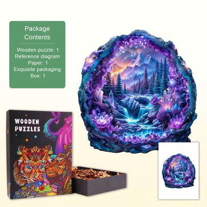 1pc Crystal Mine Landscape Wooden Jigsaw Puzzle, Asymmetrical Animal Shaped Wooden Puzzle Toy, Unique Party Game Gift, Decorative Art Puzzle, Tabletop Magic Puzzle, Children's Educational Puzzle, Holiday Gift, Adult Wooden Puzzle, New Year Gift, Back To School Gift, Birthday Gift (2D Puzzle)
