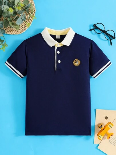 Tween Boys' Summer Casual Embroidered Badge Contrast Color Short Sleeve Polo Shirt