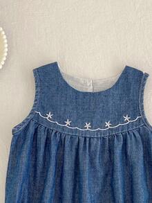 Đầm hè cho bé gái kiểu mới, đầm yếm rộng rãi thời trang cho bé gái, đầm denim thêu cho trẻ em. - Màu xanh ngọc - Xem 4