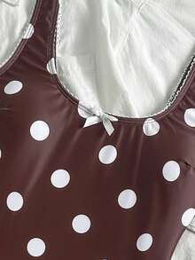 New Polka Dot All-Over Print Cute Backless One-Piece Swimsuit + Headscarf, Summer Vacation Beach - Brown - View 4