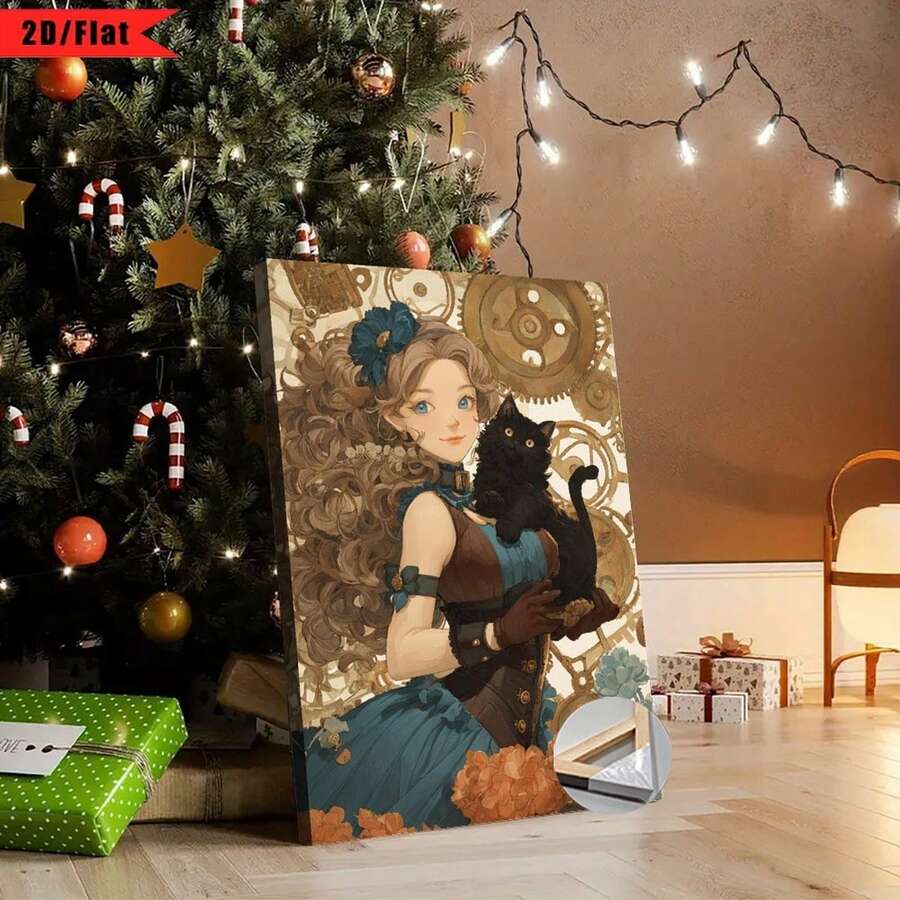 [2D Plano] 1 Pieza Impresión Plana 2D| Hermosa chica steampunk con un gato, flores y engranajes a su alrededor.| Cuadro de Arte en Lienzo con Marco de Madera, Perfecto para Decoración del Hogar, Habitación, Sala de Estar, Dormitorio, Baño, Adecuado para Acción de Gracias y Otros Festivales - Multicolor - Ver 1