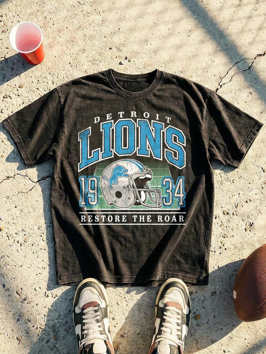 Detroit Football Helmet Graphic Tee Acid Washed Shirt Unisex Couple Matching Boyfriend Style Retro Game Day 1934 Aesthetic Sports Fan Gear Distressed Cotton Graphic Tees Men Oversized T Shirt Summer Clothes Men Fall Clothes Men Winter Clothes Camisetas Para Hombre - 黑色 - 查看 1
