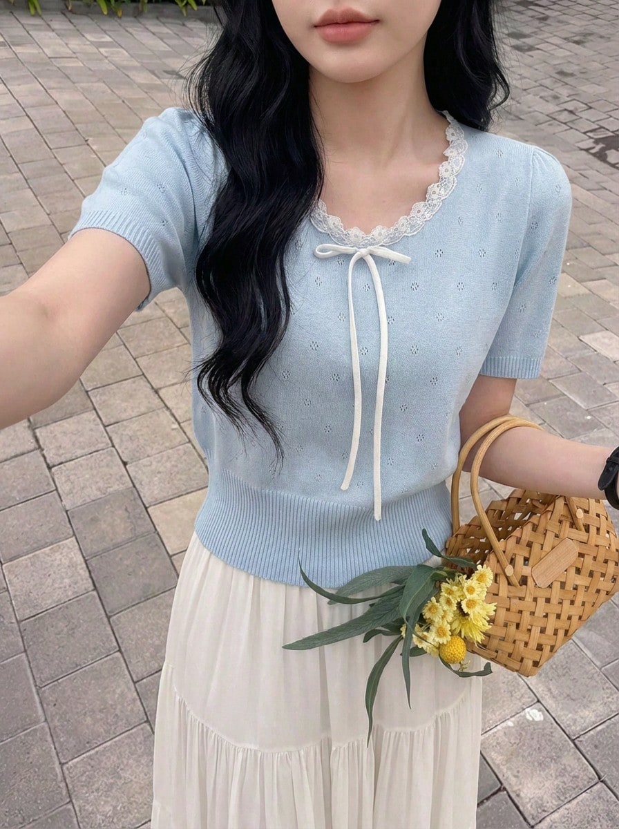 Rikumo Women's Lace Trim Casual Short Sleeve Top, Summer Style Winter - Baby Blue - View 1