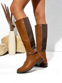 Stivali alti da donna di alta qualità per autunno/inverno, con tacco basso e suola piatta elasticizzata, ideali per tutti i giorni, le vacanze, il lavoro e gli spostamenti quotidiani. - Cammello - Visualizzare 2