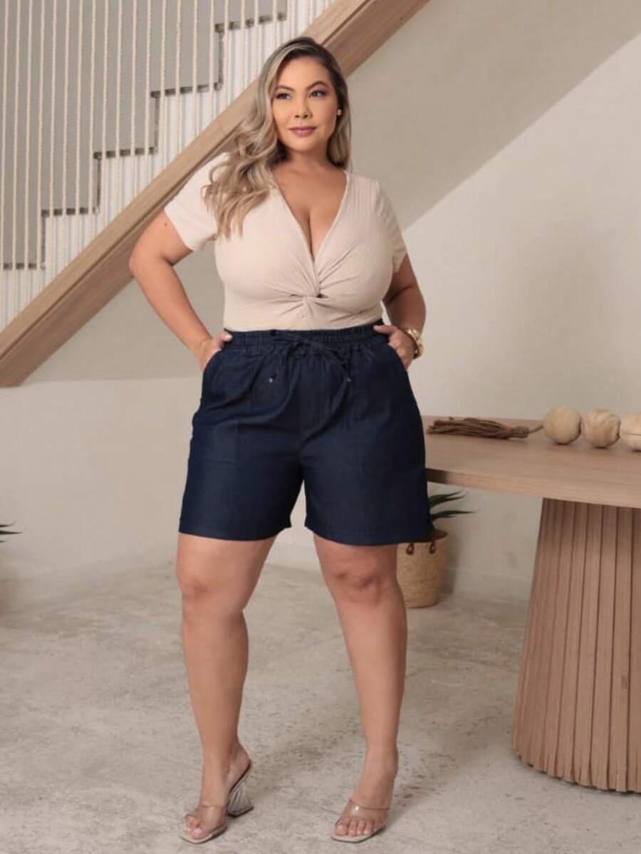 Plus Size Denim Shorts With Elastic Waistband, Style. - 藏蓝色 - 查看 1