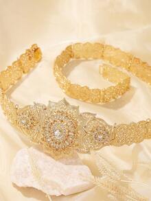 1 件摩洛哥风格金属腰带，镂空花卉镶嵌水钻装饰女士婚礼珠宝腰链，可调节长度情人节配饰