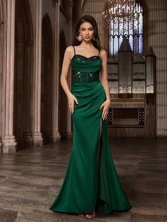 闪亮亮片拼接女式派对晚礼服优雅褶皱细节正式礼服，适合上流社会晚宴、鸡尾酒会、生日派对、慈善舞会无袖紧身胸衣开衩细肩带长裙